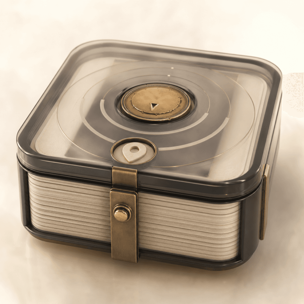 A layered time capsule album with a brass date dial, representing private video memories that unlock later.